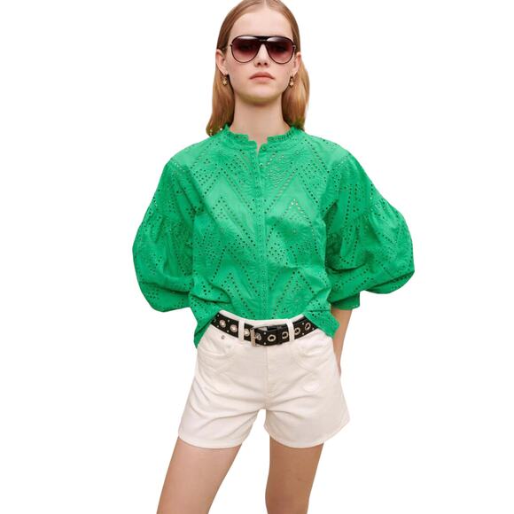 MAJE Ciggy Cotton Eyelet Shirt in Green 3|L - Picture 2 of 11